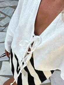 Uhlyne Solid Tie Front Drop Shoulder Blouse Holiday Solid Color Woven Loose-Fitting Regular Women's Shirt With Flare Sleeves,Ladies Casual Long Sleeve Deep V Neck Regular Fit Regular White Flare Sleeve Top Women Blouses,Spring/Fall ,Casual Daily Wear