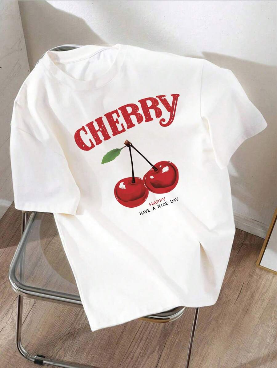 EZwear Oversized Casual White Cherry Pattern Round Neck Short Sleeve T-Shirt For Women, Loose Fit Summer Tee Containing Cotton