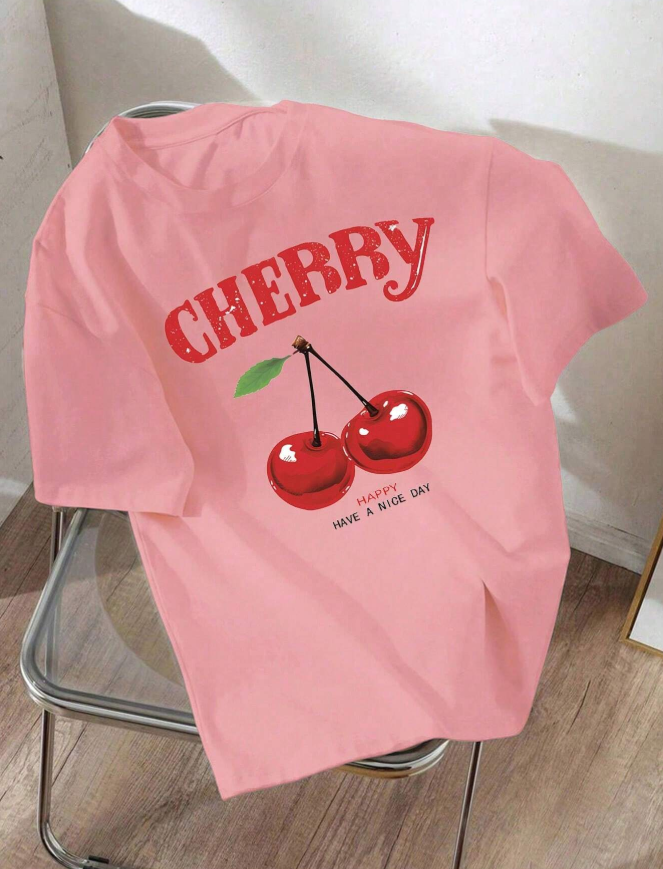 EZwear Oversized Casual White Cherry Pattern Round Neck Short Sleeve T-Shirt For Women, Loose Fit Summer Tee Containing Cotton