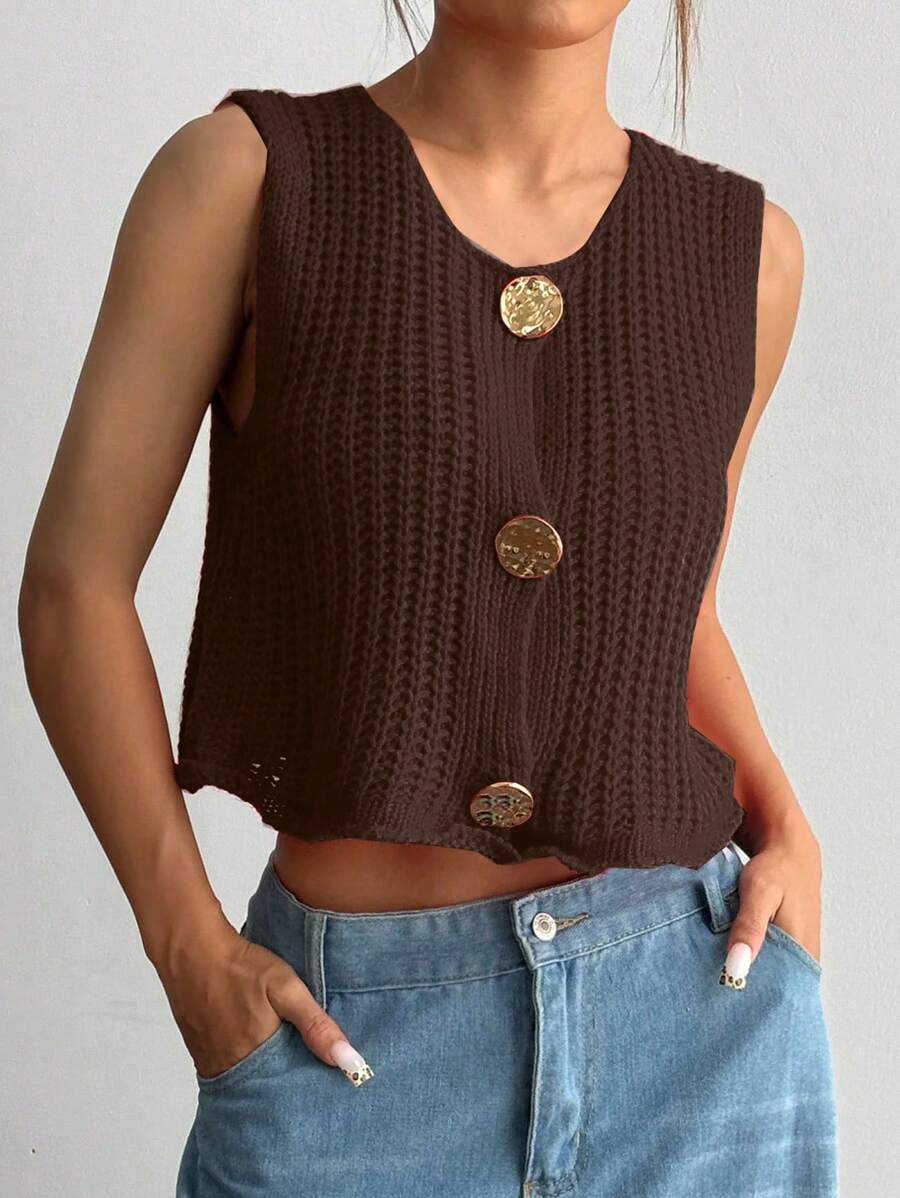 Flirla Women's Front Button Sleeveless Casual All-Match Knit Top