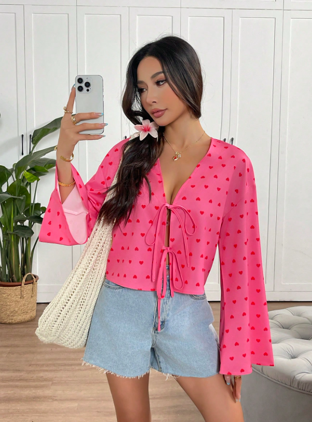 INAWLY Women's Purple V-Neck Tie Front Long Sleeve Shirt, Spring