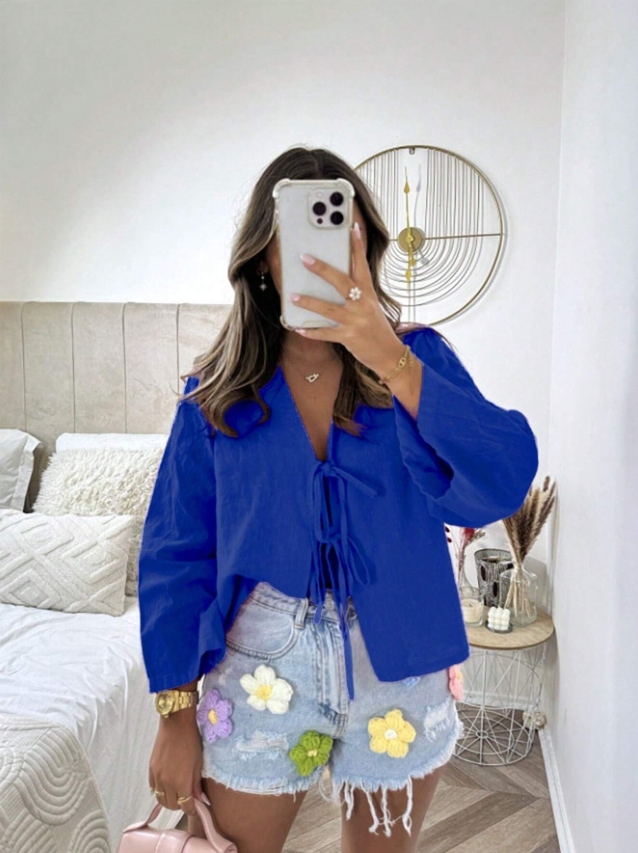 INAWLY Women's Purple V-Neck Tie Front Long Sleeve Shirt, Spring