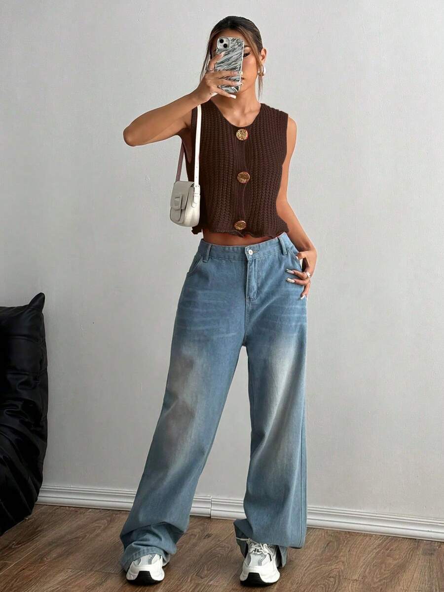 Flirla Women's Front Button Sleeveless Casual All-Match Knit Top