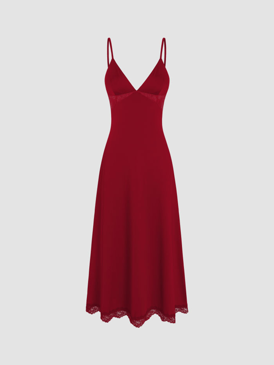 LACE HEM SATIN V-NECK MIDI DRESS