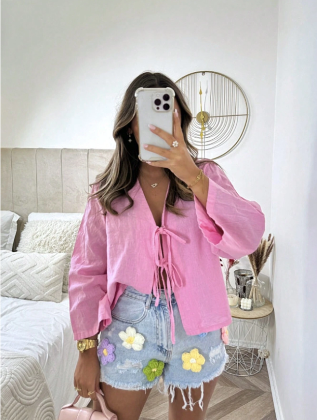 INAWLY Women's Purple V-Neck Tie Front Long Sleeve Shirt, Spring