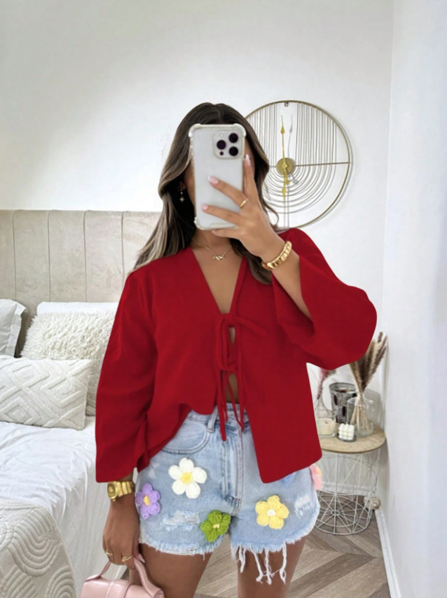 INAWLY Women's Purple V-Neck Tie Front Long Sleeve Shirt, Spring