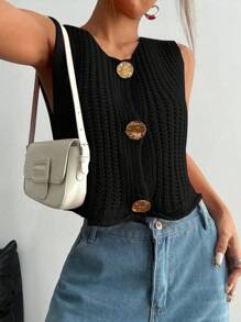 Flirla Women's Front Button Sleeveless Casual All-Match Knit Top