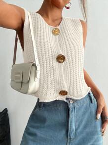 Flirla Women's Front Button Sleeveless Casual All-Match Knit Top