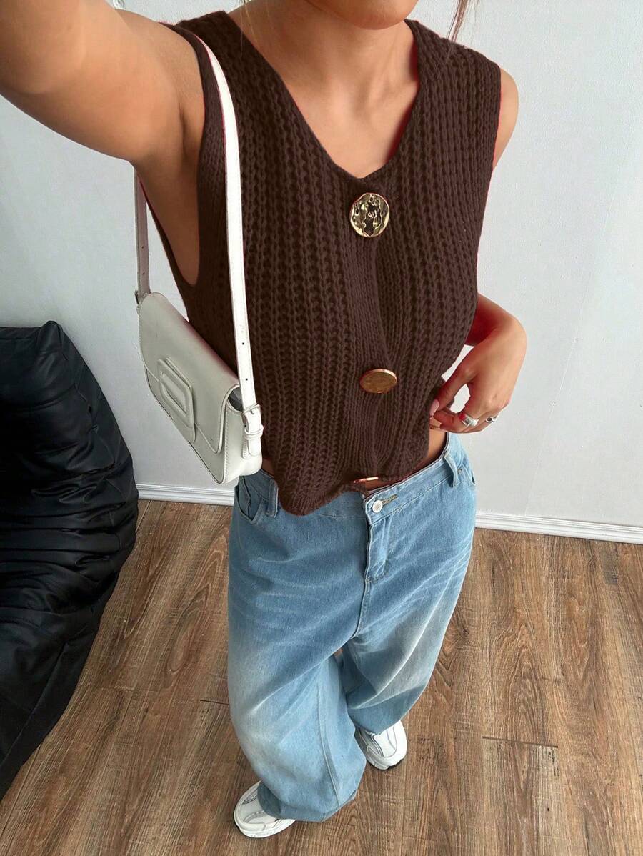 Flirla Women's Front Button Sleeveless Casual All-Match Knit Top